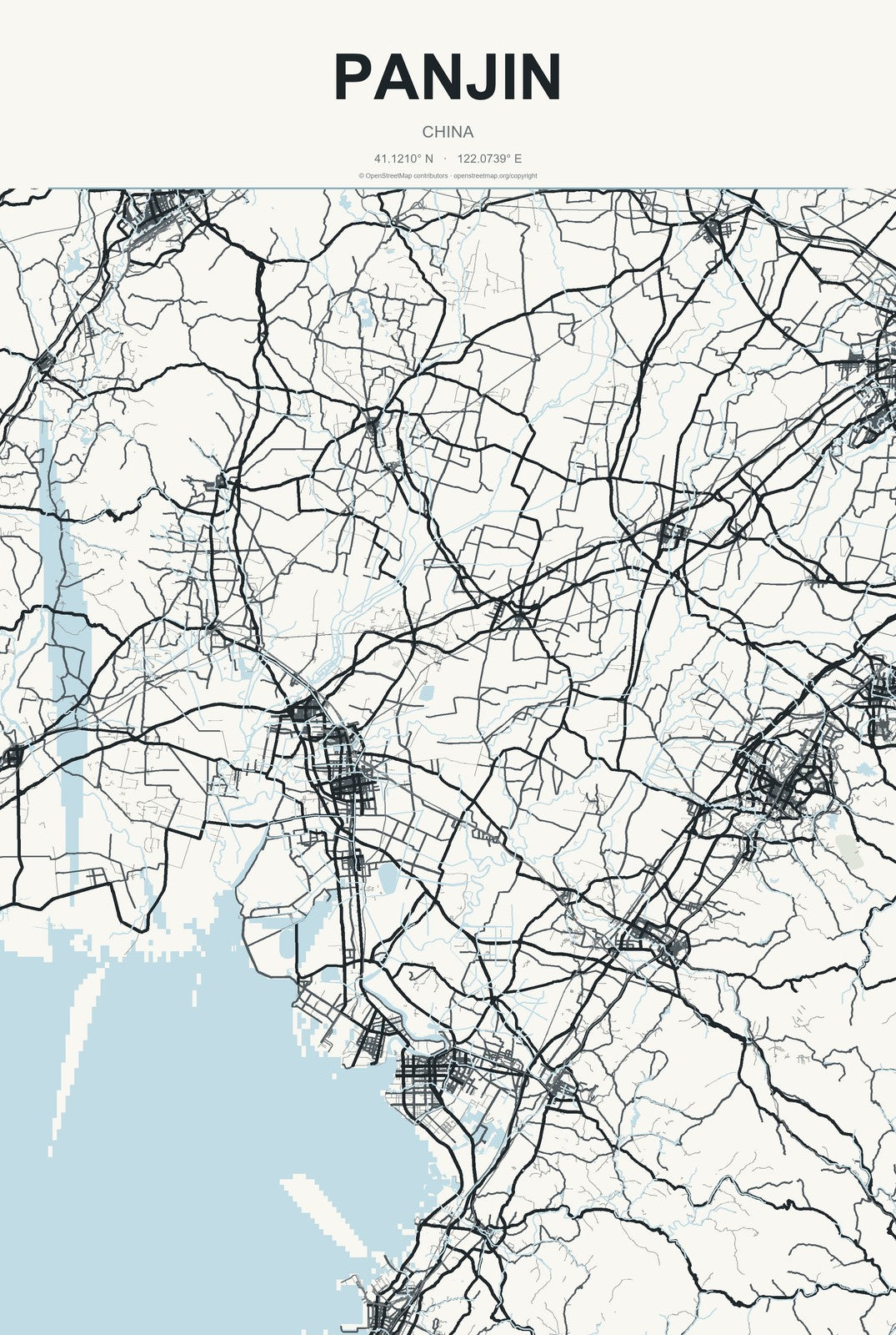 Panjin, China City Map Aluminum Sign in Headline Atlas style
