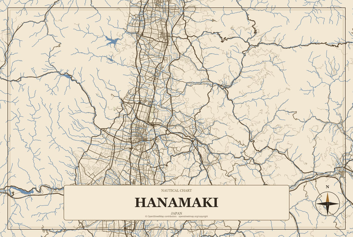 Hanamaki, Japan City Map Aluminum Sign in Heritage Nautical style