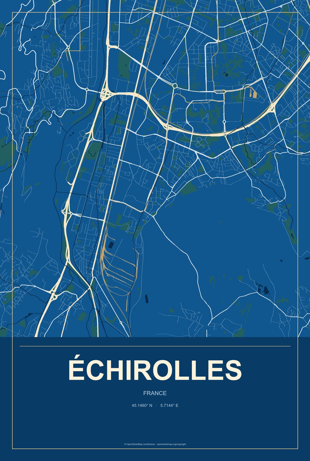 Échirolles, France City Map Aluminum Sign in Harbor Cobalt style