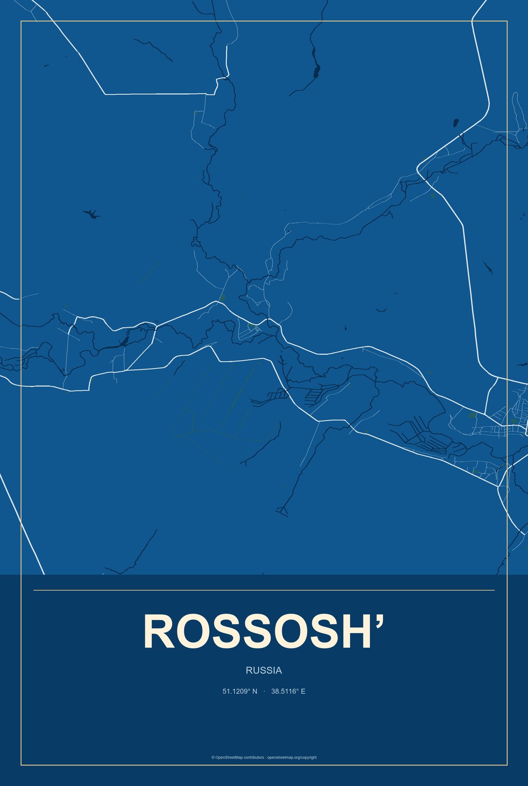 Rossosh’, Russia City Map Aluminum Sign in Harbor Cobalt style