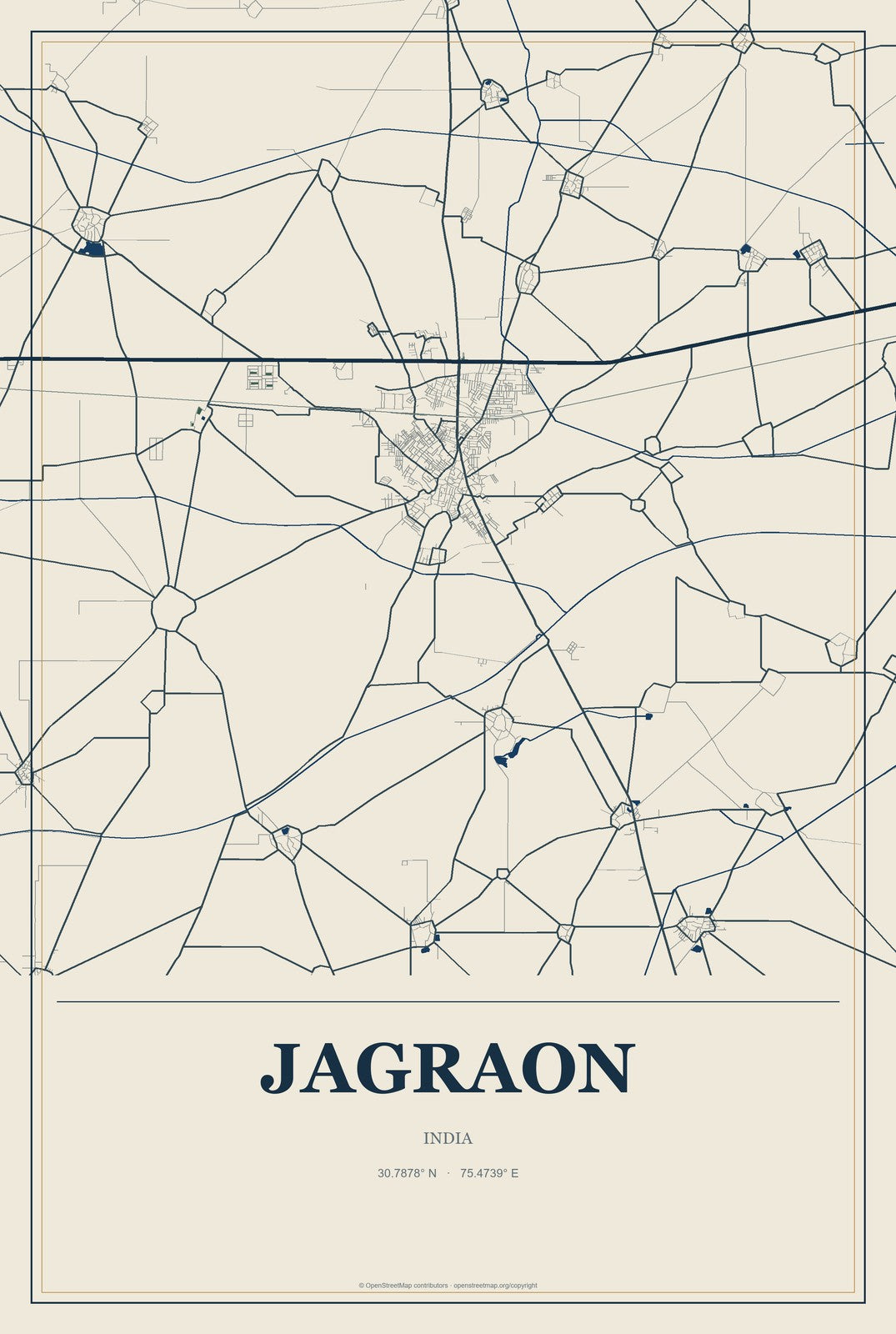 Jagraon, India City Map Aluminum Sign in Coastal Cutout style