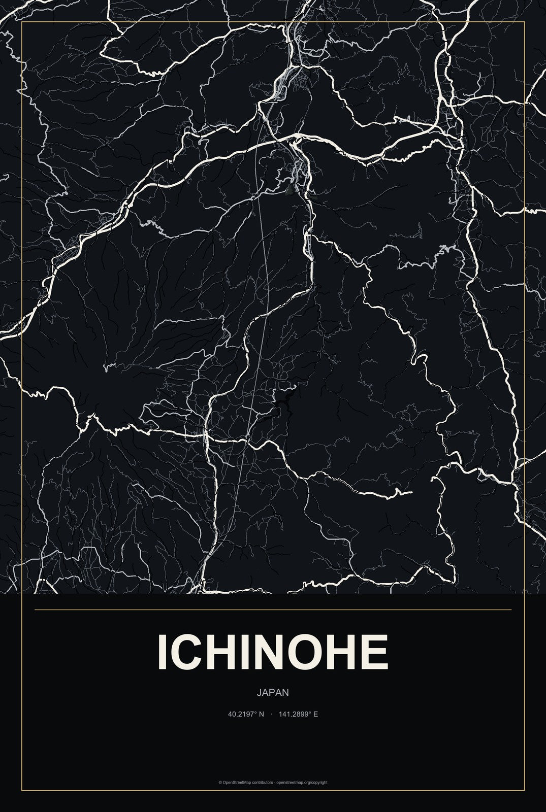 Ichinohe, Japan City Map Aluminum Sign in Metropolitan Noir style