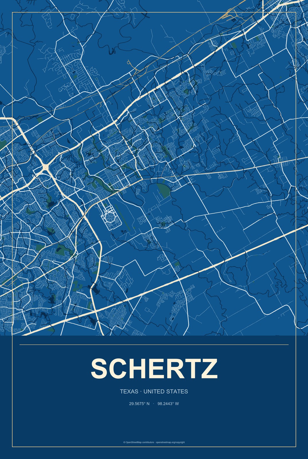 Schertz, Texas City Map Aluminum Sign in Harbor Cobalt style