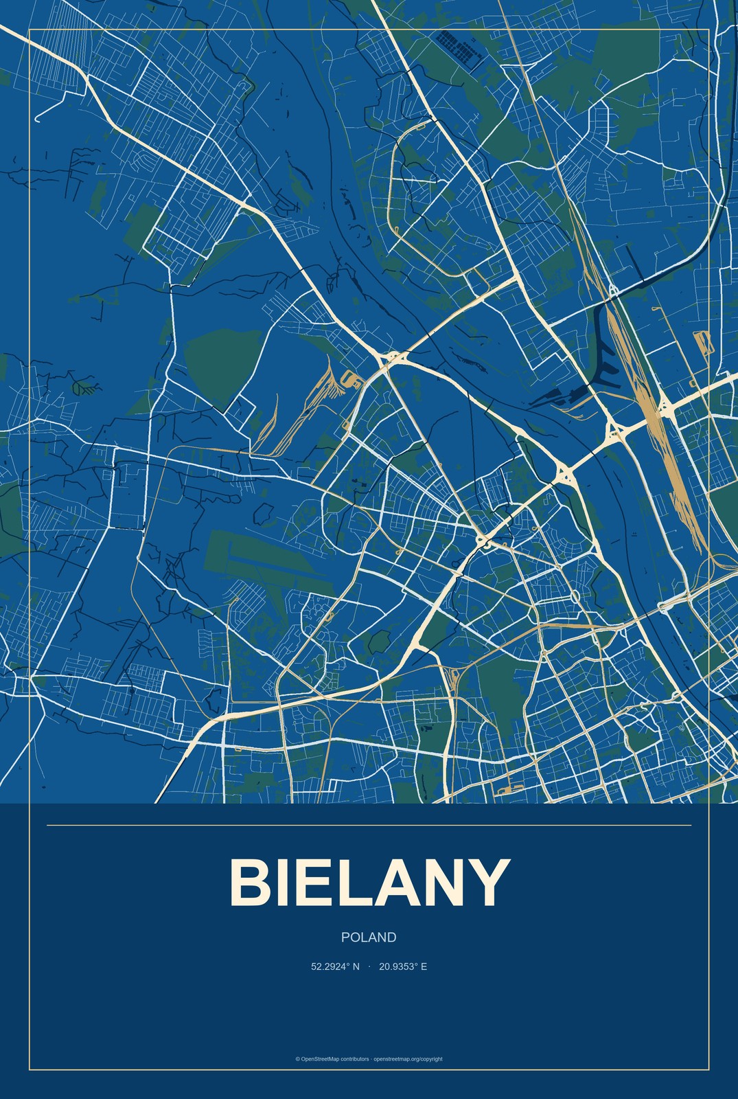 Bielany, Poland City Map Aluminum Sign in Harbor Cobalt style