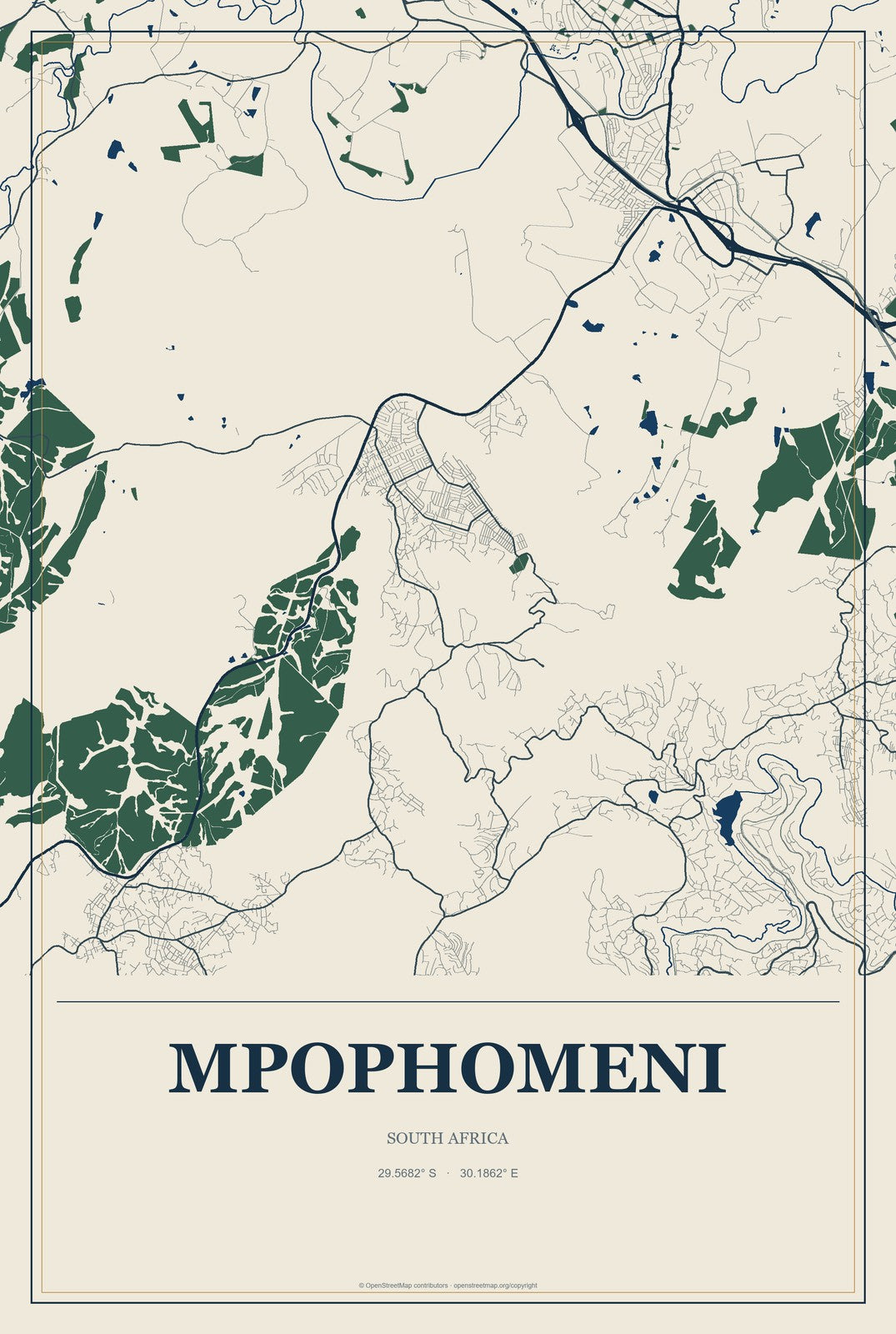 Mpophomeni, South Africa City Map Aluminum Sign in Coastal Cutout style