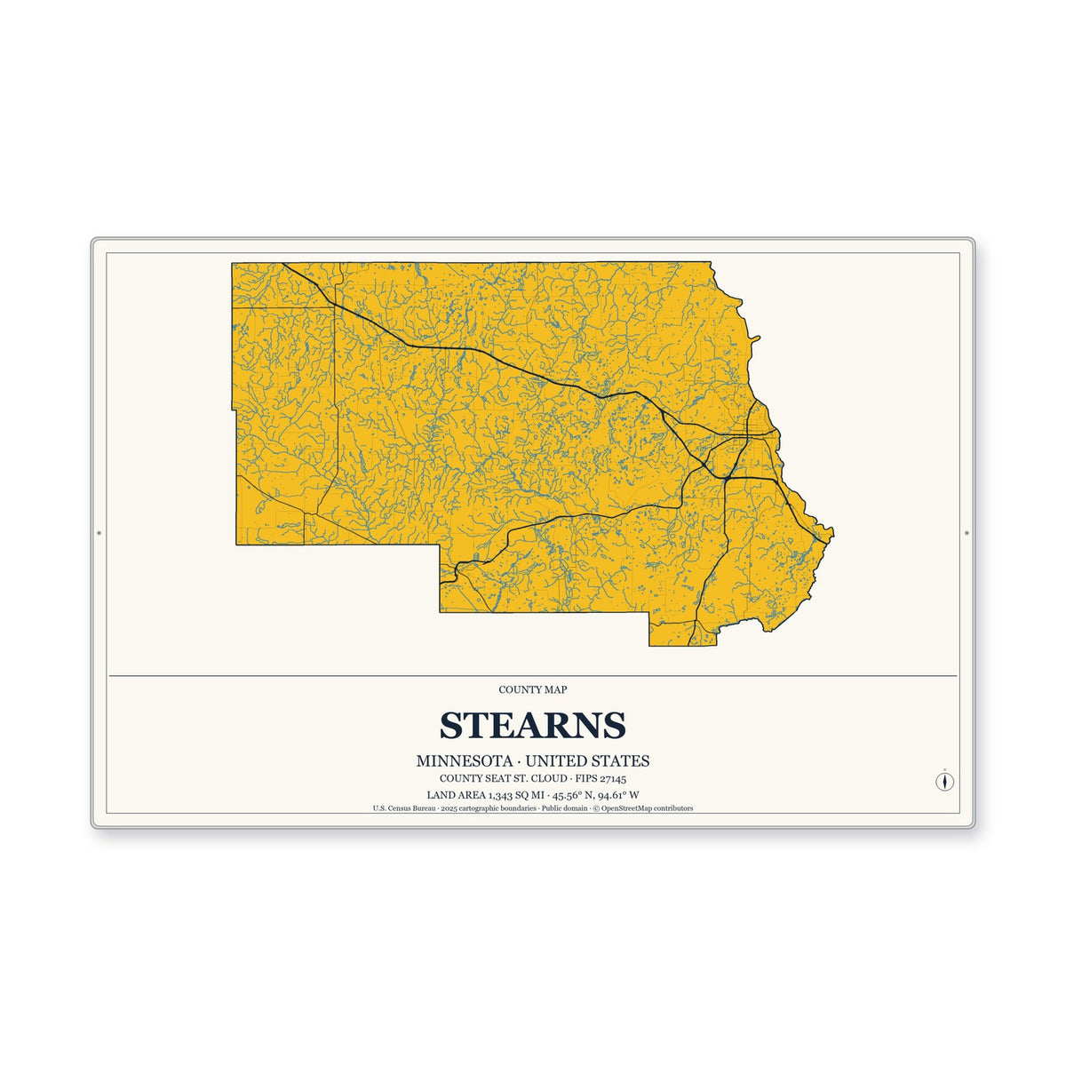 Stearns County, Minnesota Map Aluminum Sign in Citrine Modern style