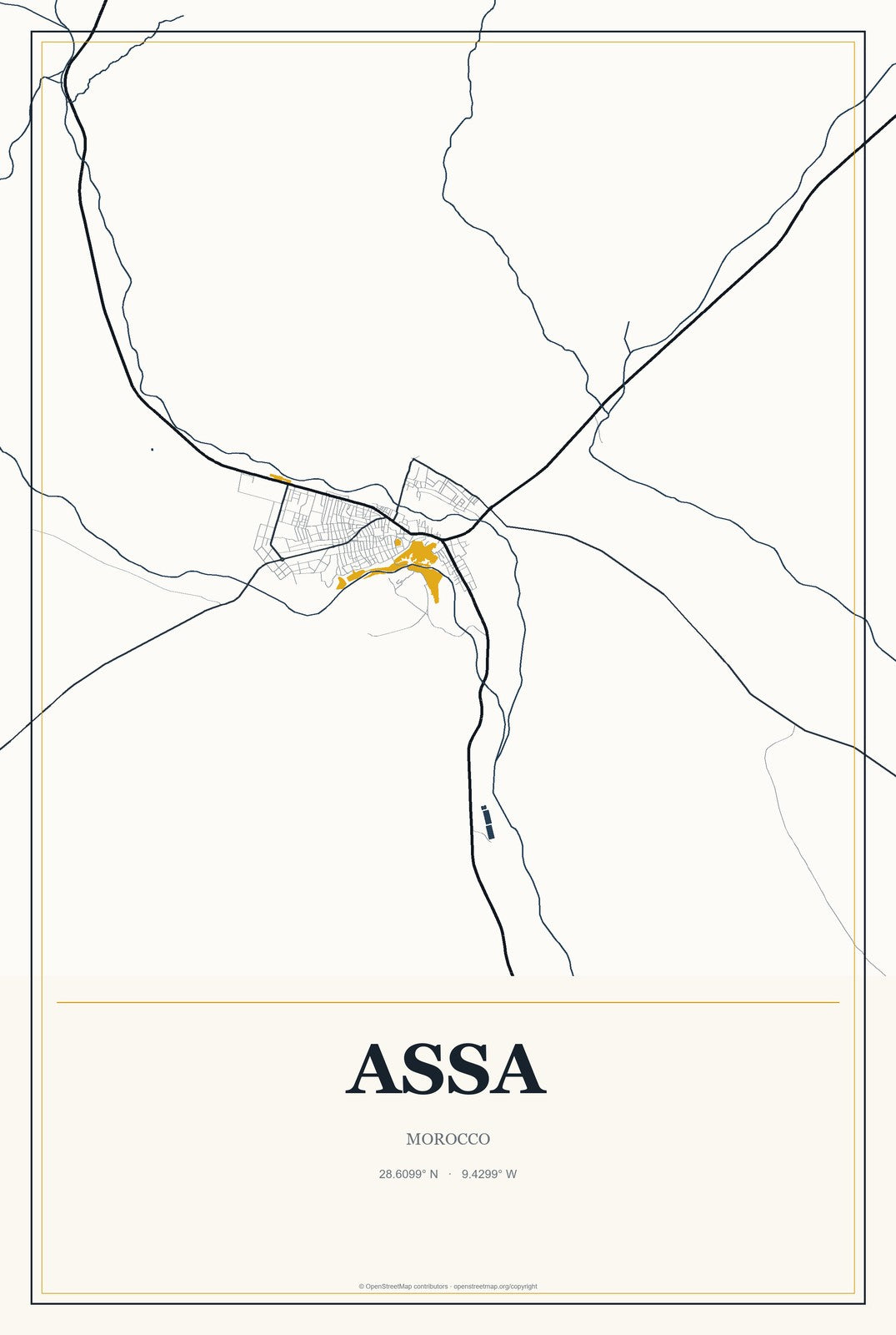 Assa, Morocco City Map Aluminum Sign in Citrine Modern style