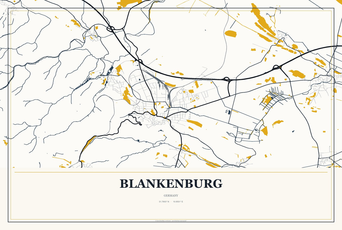 Blankenburg, Germany City Map Aluminum Sign in Citrine Modern style