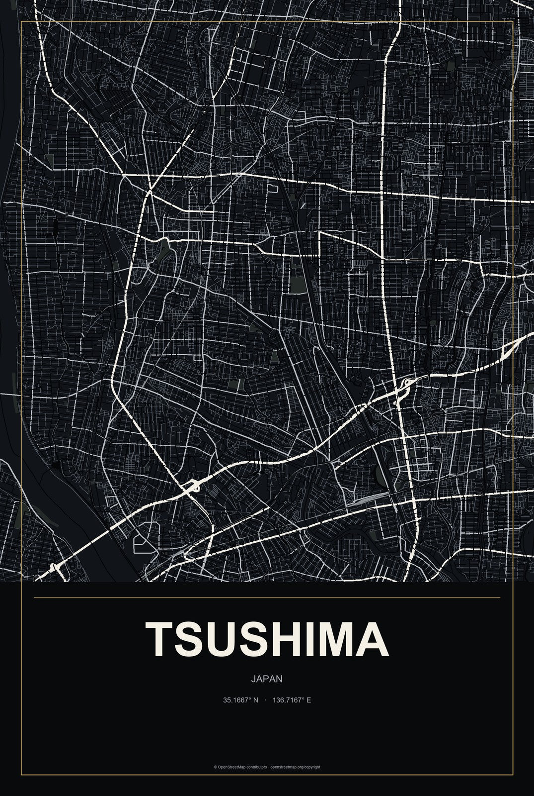 Tsushima, Aichi, Japan City Map Aluminum Sign in Metropolitan Noir style