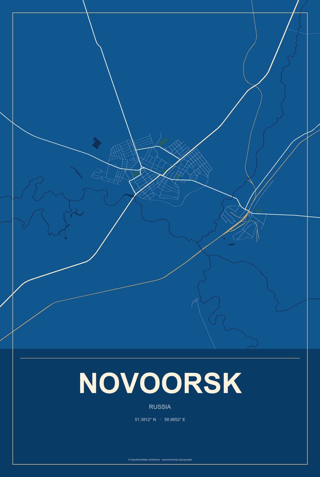 Novoorsk, Russia City Map Aluminum Sign in Harbor Cobalt style