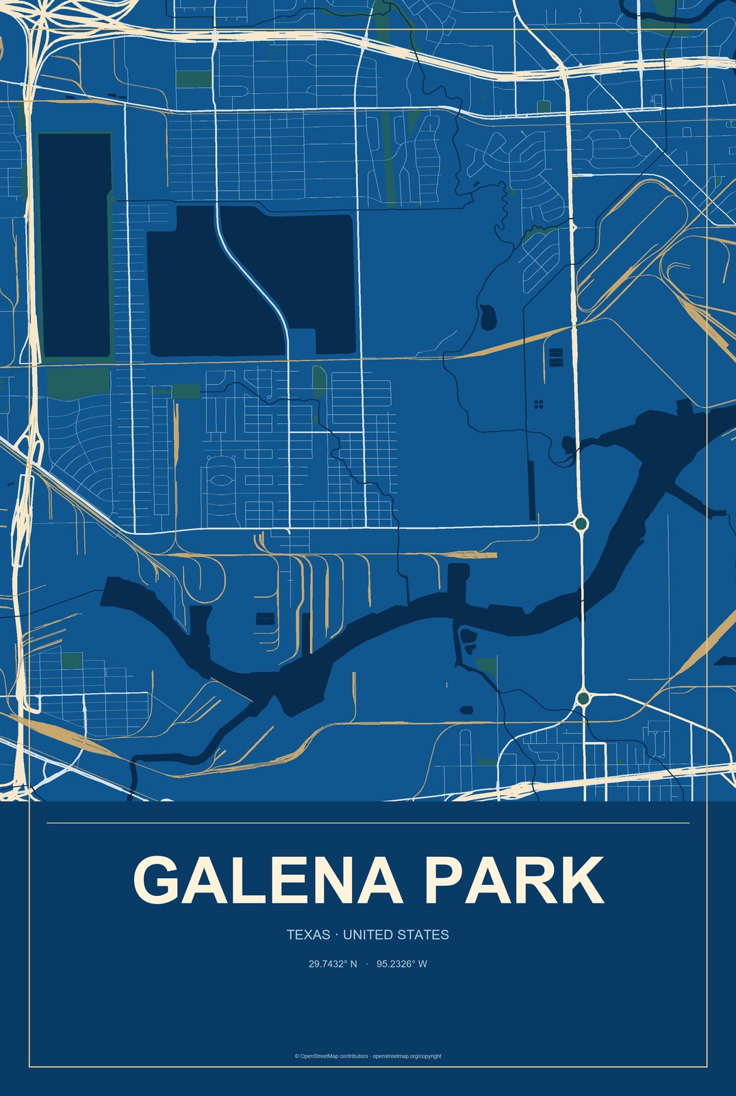 Galena Park, Texas City Map Aluminum Sign in Harbor Cobalt style