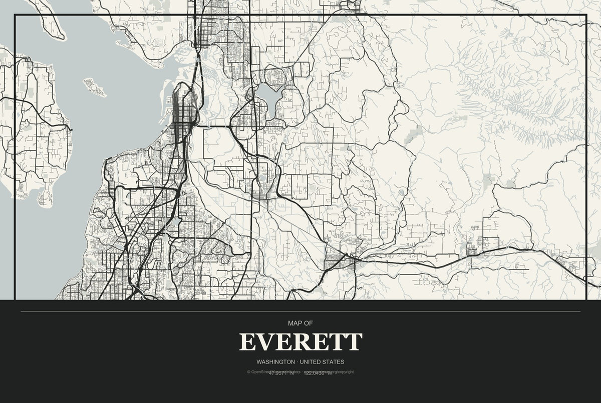 Everett, Washington City Map Aluminum Sign in Museum Plaque style