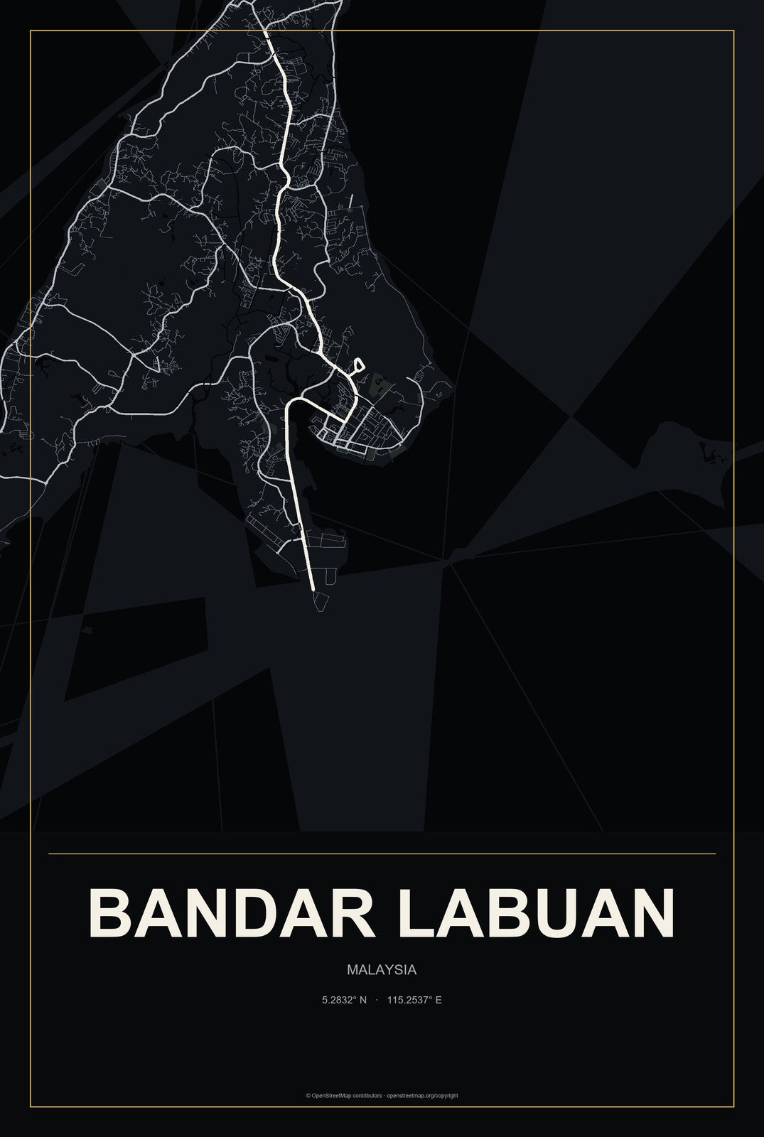 Bandar Labuan, Malaysia City Map Aluminum Sign in Metropolitan Noir style