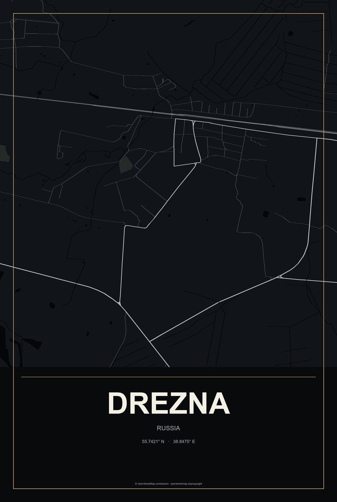 Drezna, Russia City Map Aluminum Sign in Metropolitan Noir style