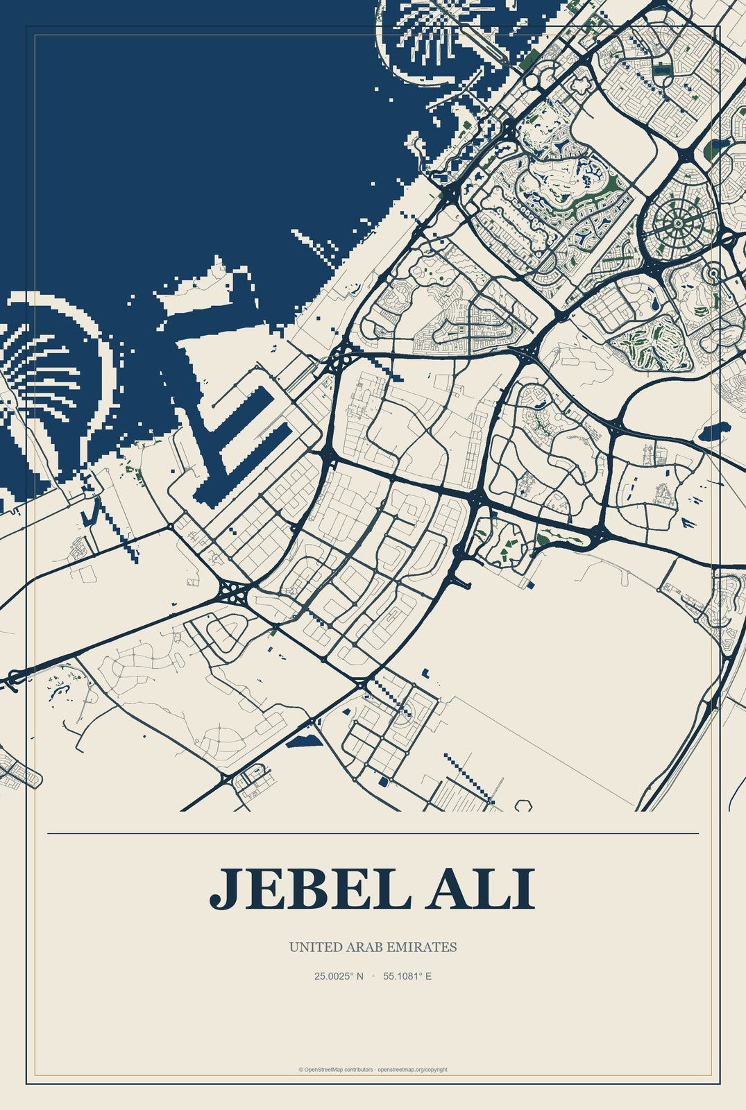 Jebel Ali, United Arab Emirates City Map Aluminum Sign in Coastal Cutout style