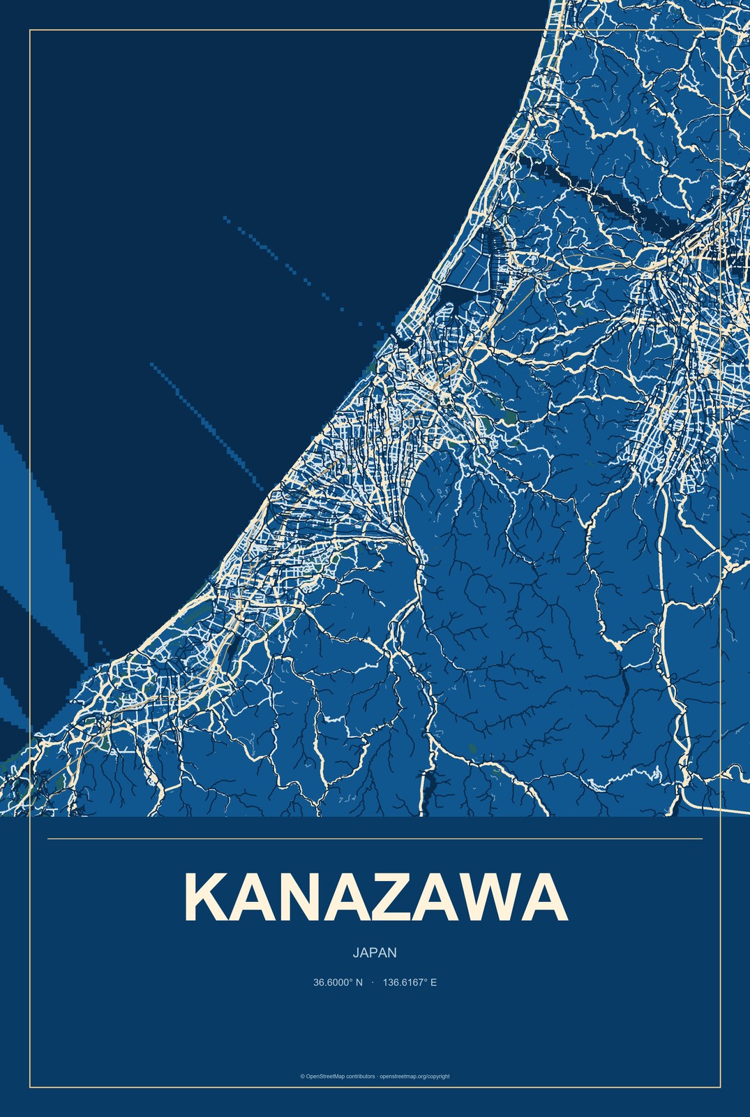 Kanazawa, Japan City Map Aluminum Sign in Harbor Cobalt style