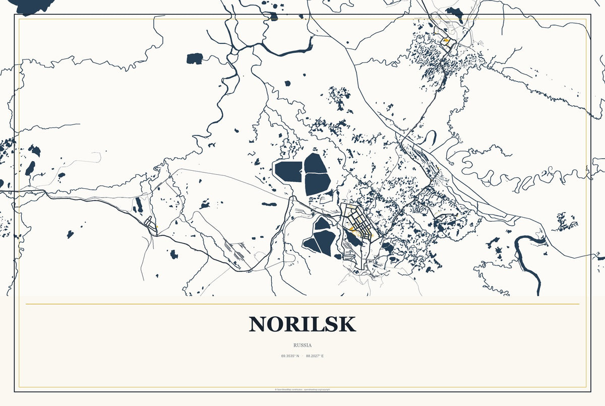 Norilsk, Russia City Map Aluminum Sign in Citrine Modern style