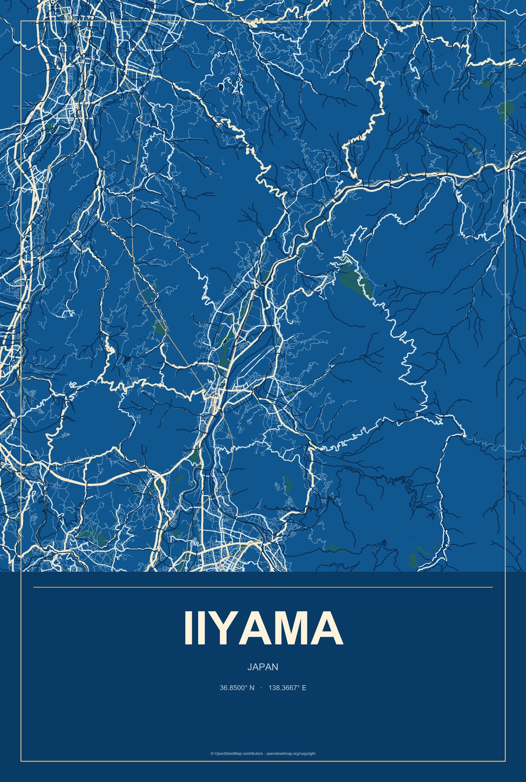 Iiyama, Japan City Map Aluminum Sign in Harbor Cobalt style