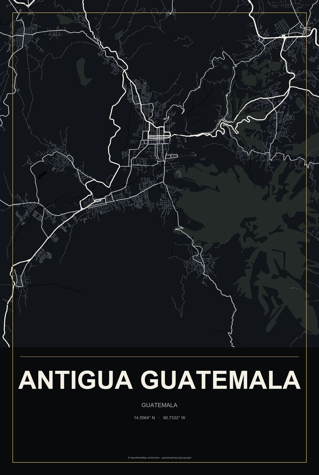 Antigua Guatemala, Guatemala City Map Aluminum Sign in Metropolitan Noir style