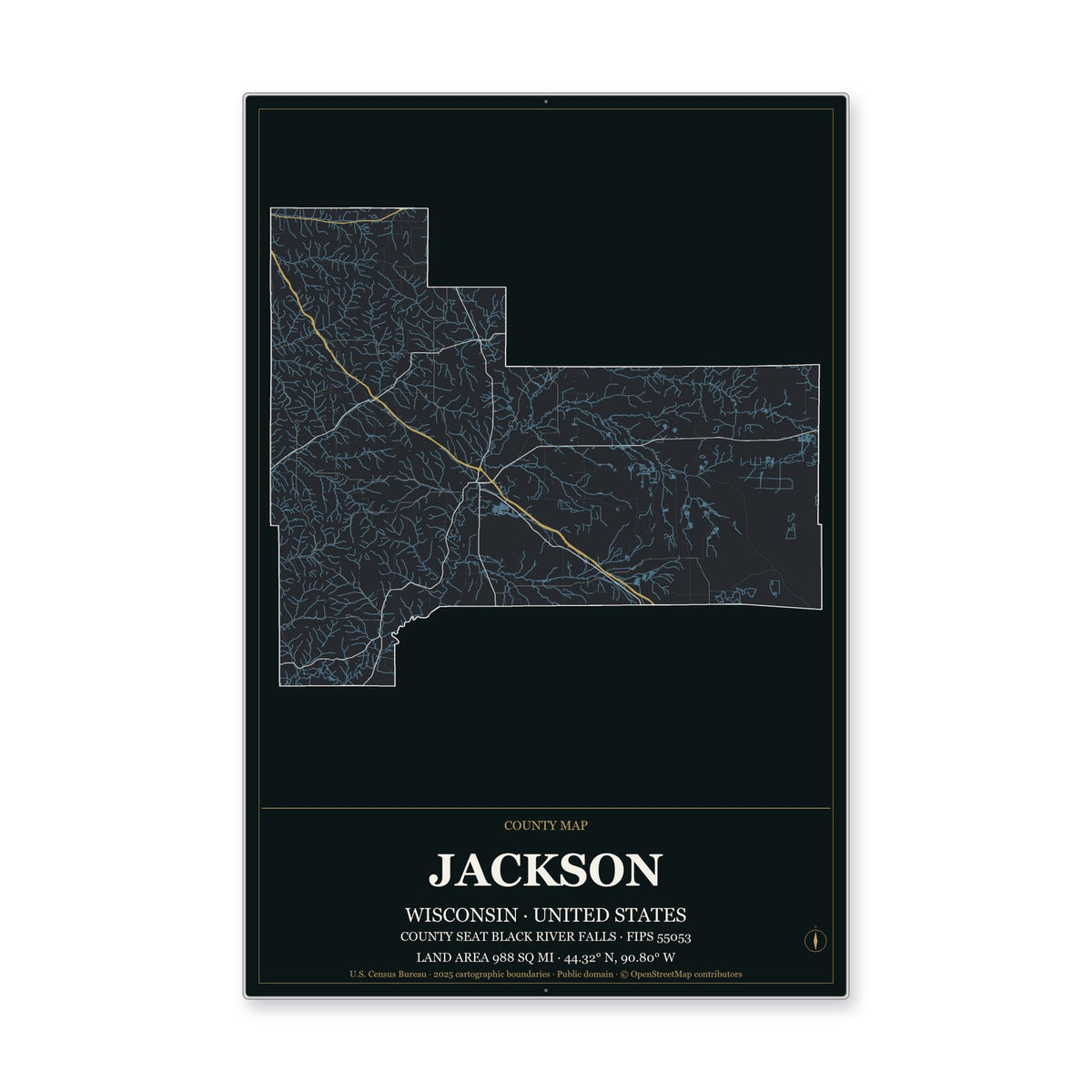 Jackson County, Wisconsin Map Aluminum Sign in Metropolitan Noir style