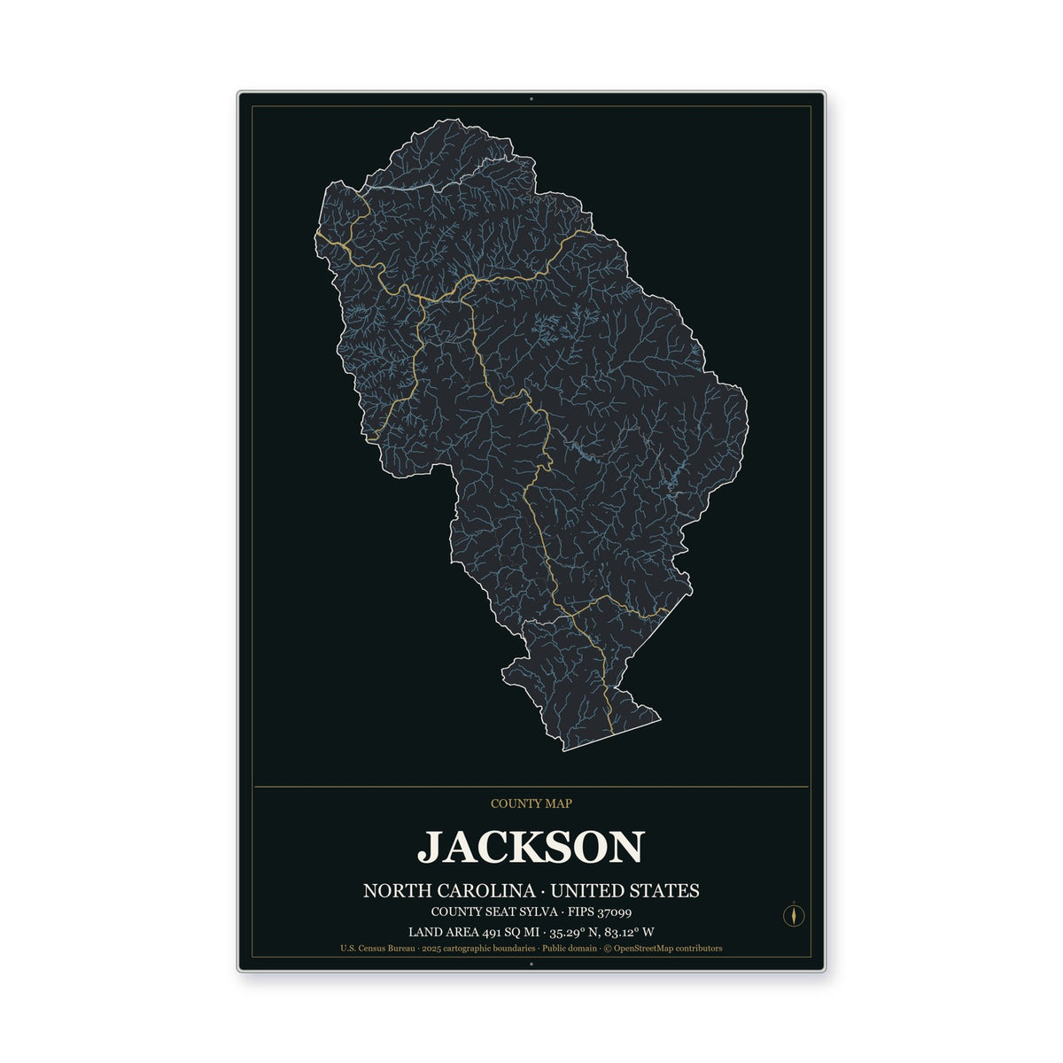 Jackson County, North Carolina Map Aluminum Sign in Metropolitan Noir style