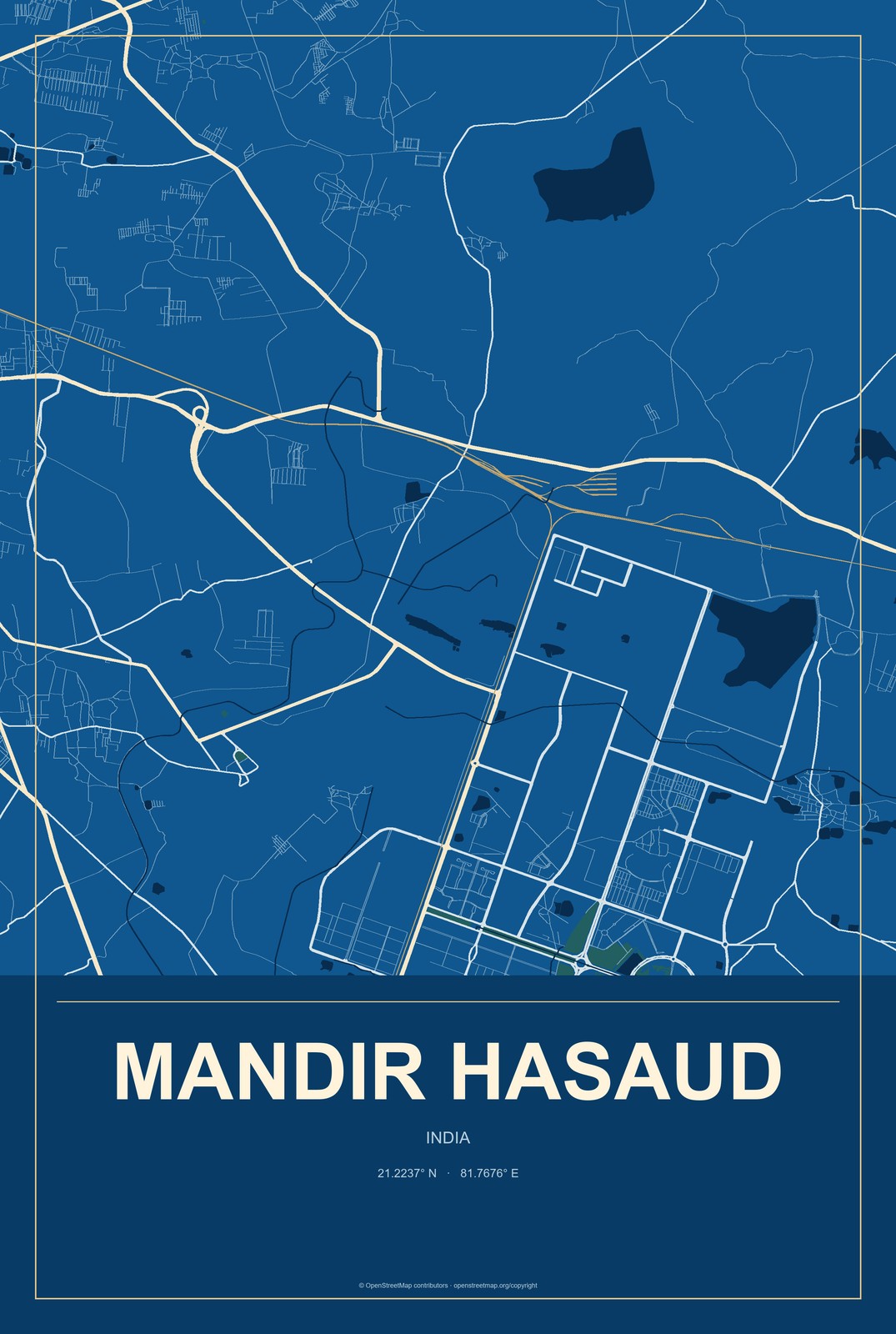 Mandir Hasaud, India City Map Aluminum Sign in Harbor Cobalt style