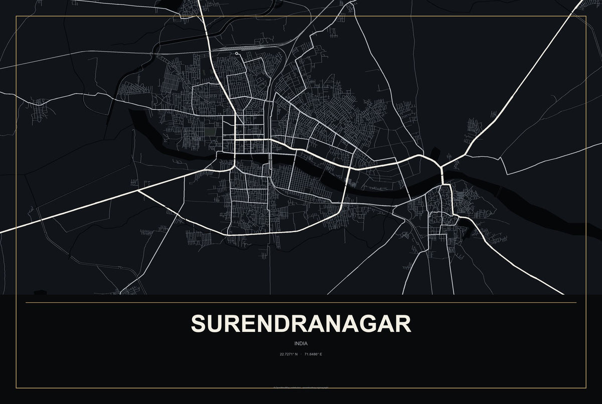 Surendranagar, India City Map Aluminum Sign in Metropolitan Noir style