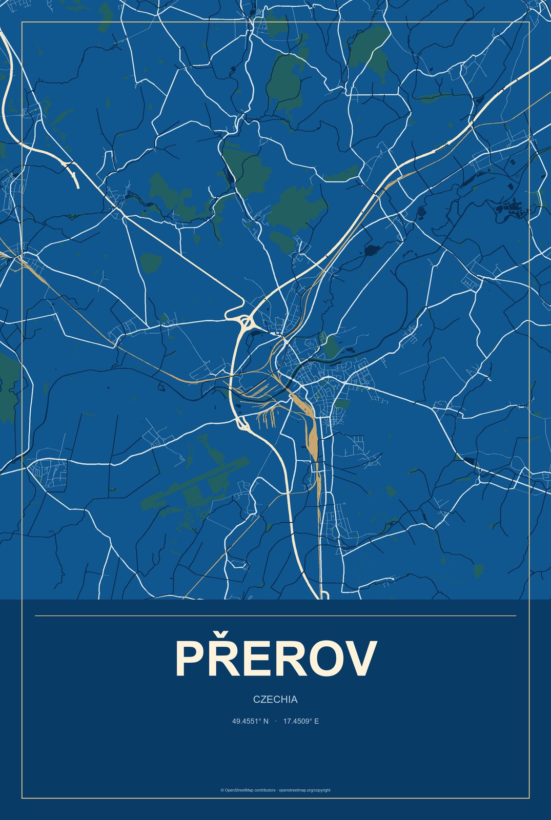 Přerov, Czechia City Map Aluminum Sign in Harbor Cobalt style