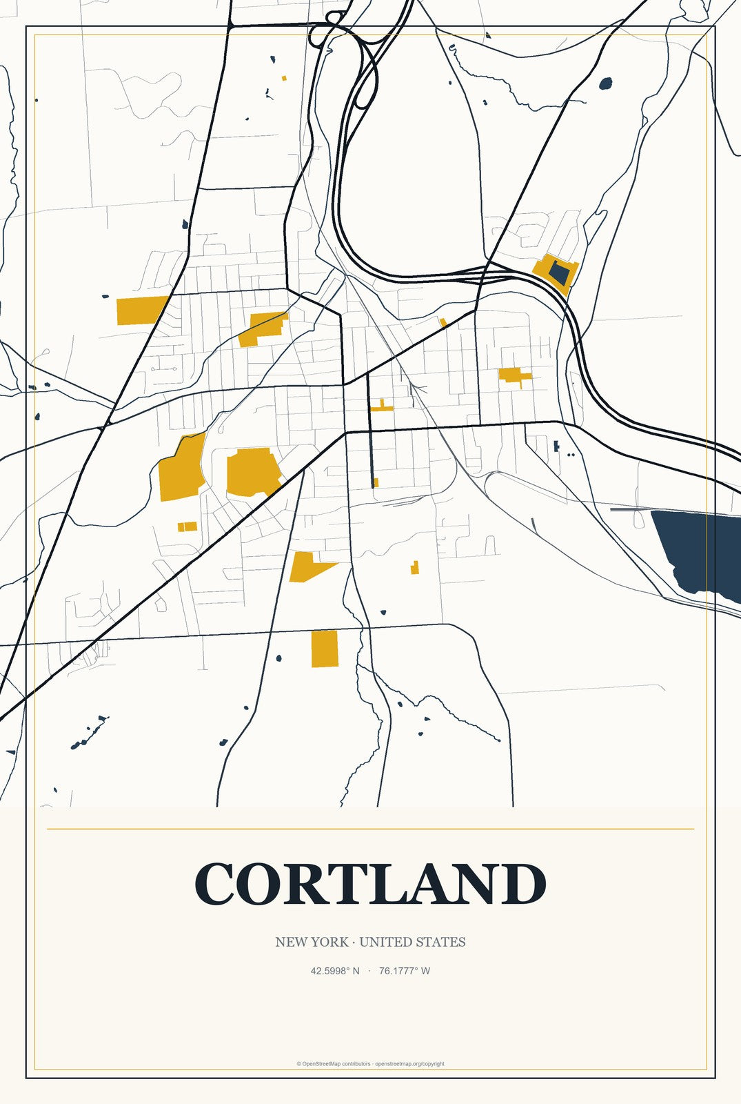 Cortland, New York City Map Aluminum Sign in Citrine Modern style