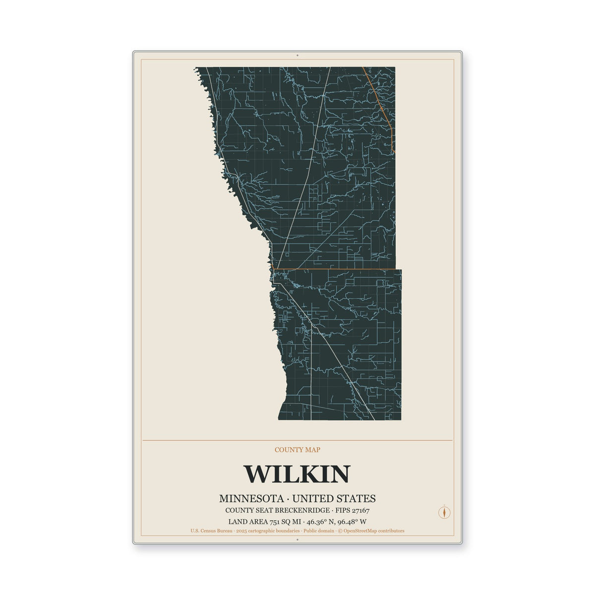 Wilkin County, Minnesota Map Aluminum Sign in Headline Atlas style