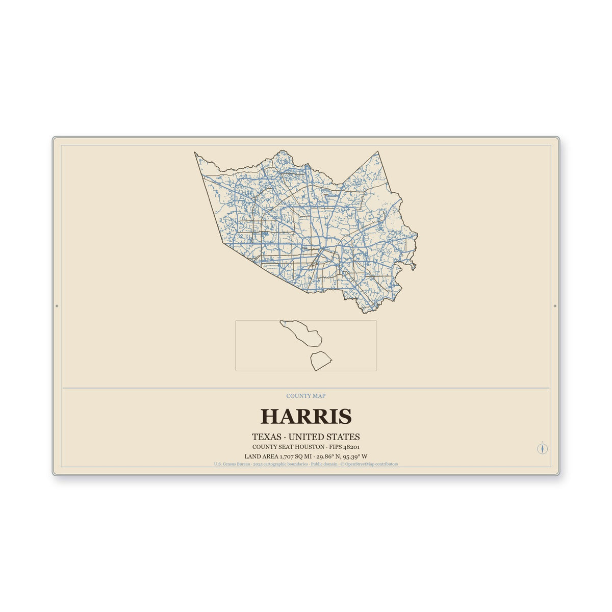 Harris County, Texas Map Aluminum Sign in Heritage Nautical style
