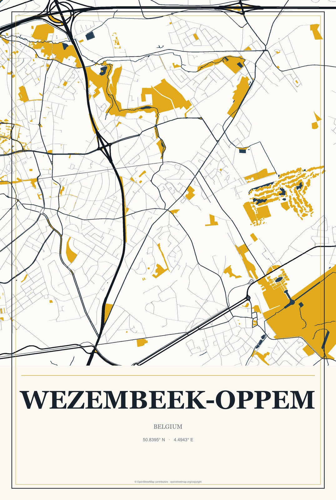Wezembeek-Oppem, Belgium City Map Aluminum Sign in Citrine Modern style