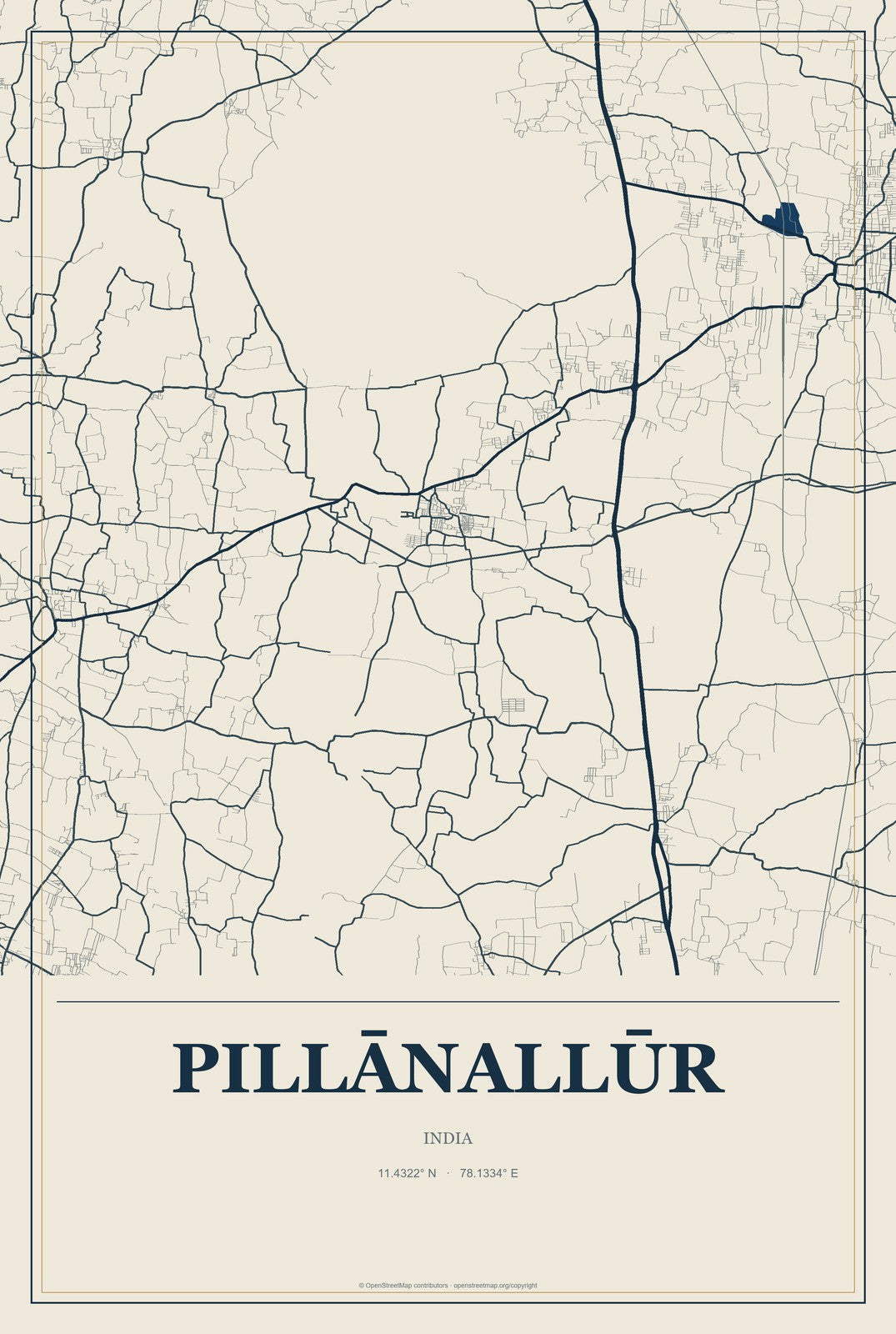 Pillānallūr, India City Map Aluminum Sign in Coastal Cutout style