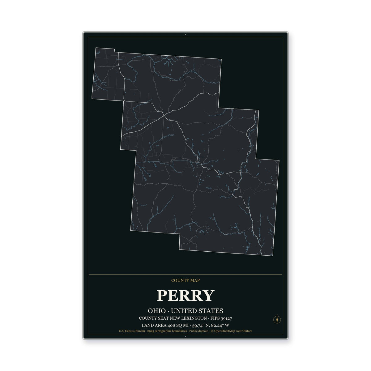 Perry County, Ohio Map Aluminum Sign in Metropolitan Noir style