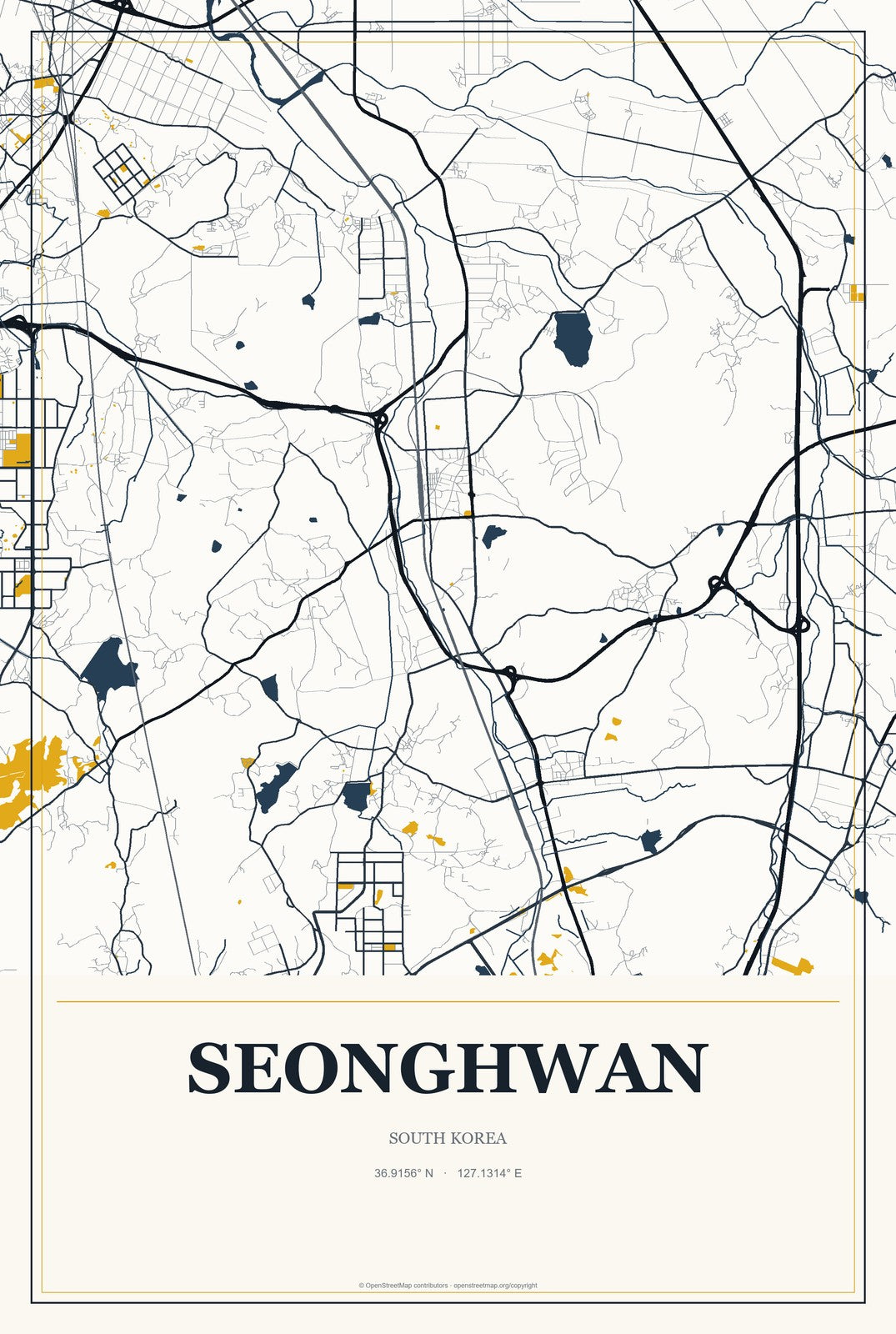 Seonghwan, South Korea City Map Aluminum Sign in Citrine Modern style