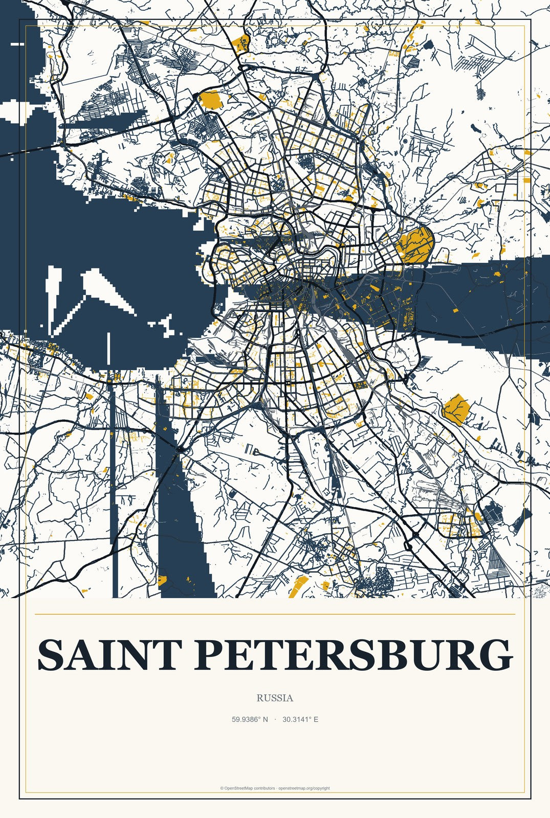 Saint Petersburg, Russia City Map Aluminum Sign in Citrine Modern style