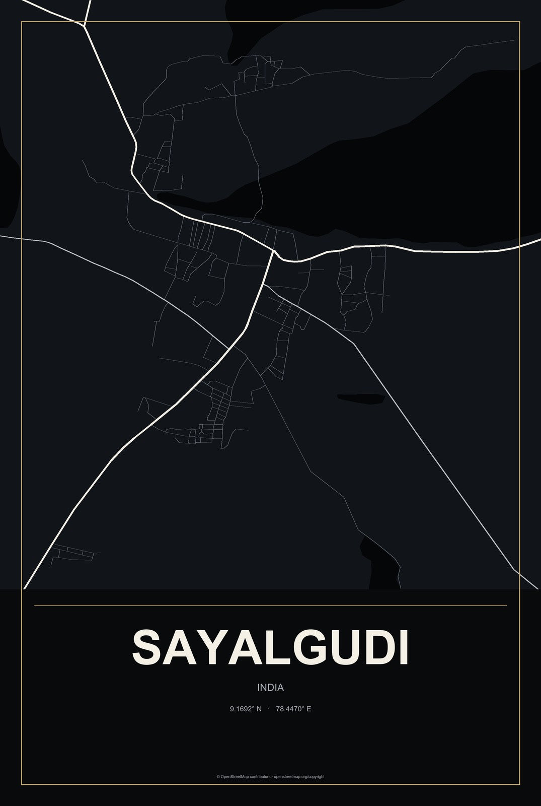 Sayalgudi, India City Map Aluminum Sign in Metropolitan Noir style