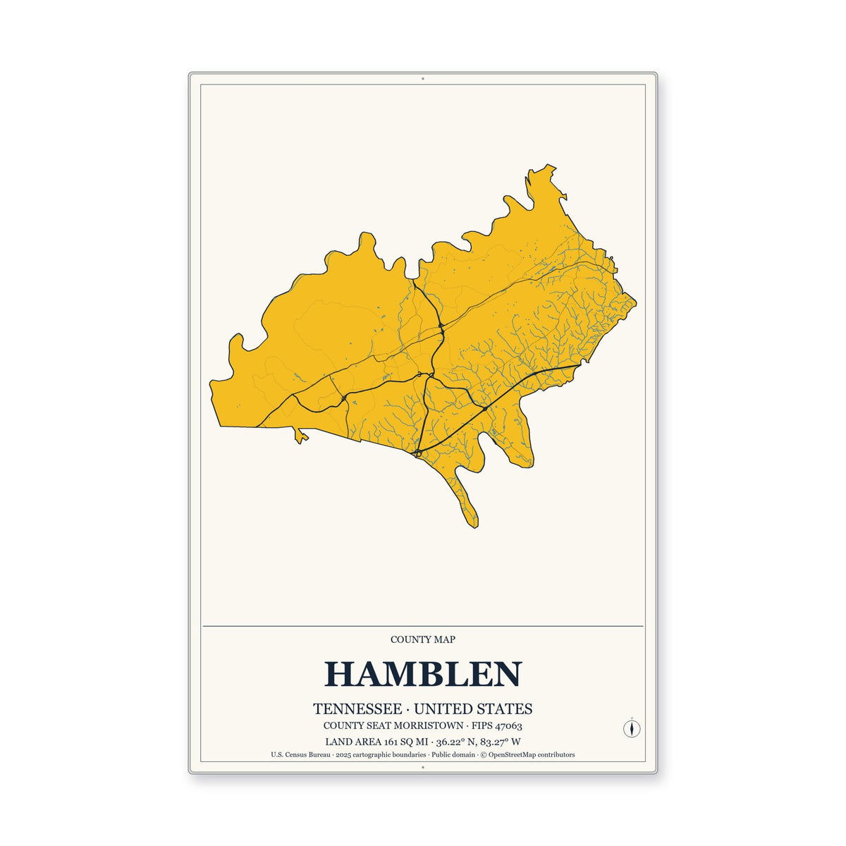 Hamblen County, Tennessee Map Aluminum Sign in Citrine Modern style