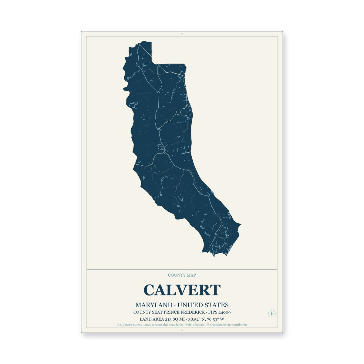 Calvert County, Maryland Map Aluminum Sign in Coastal Cutout style