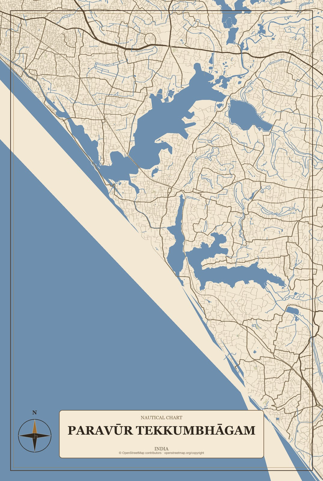 Paravūr Tekkumbhāgam, India City Map Aluminum Sign in Heritage Nautical style
