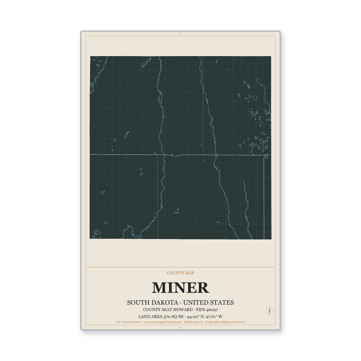 Miner County, South Dakota Map Aluminum Sign in Headline Atlas style