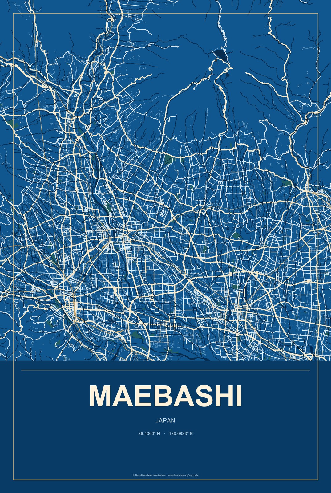 Maebashi, Japan City Map Aluminum Sign in Harbor Cobalt style