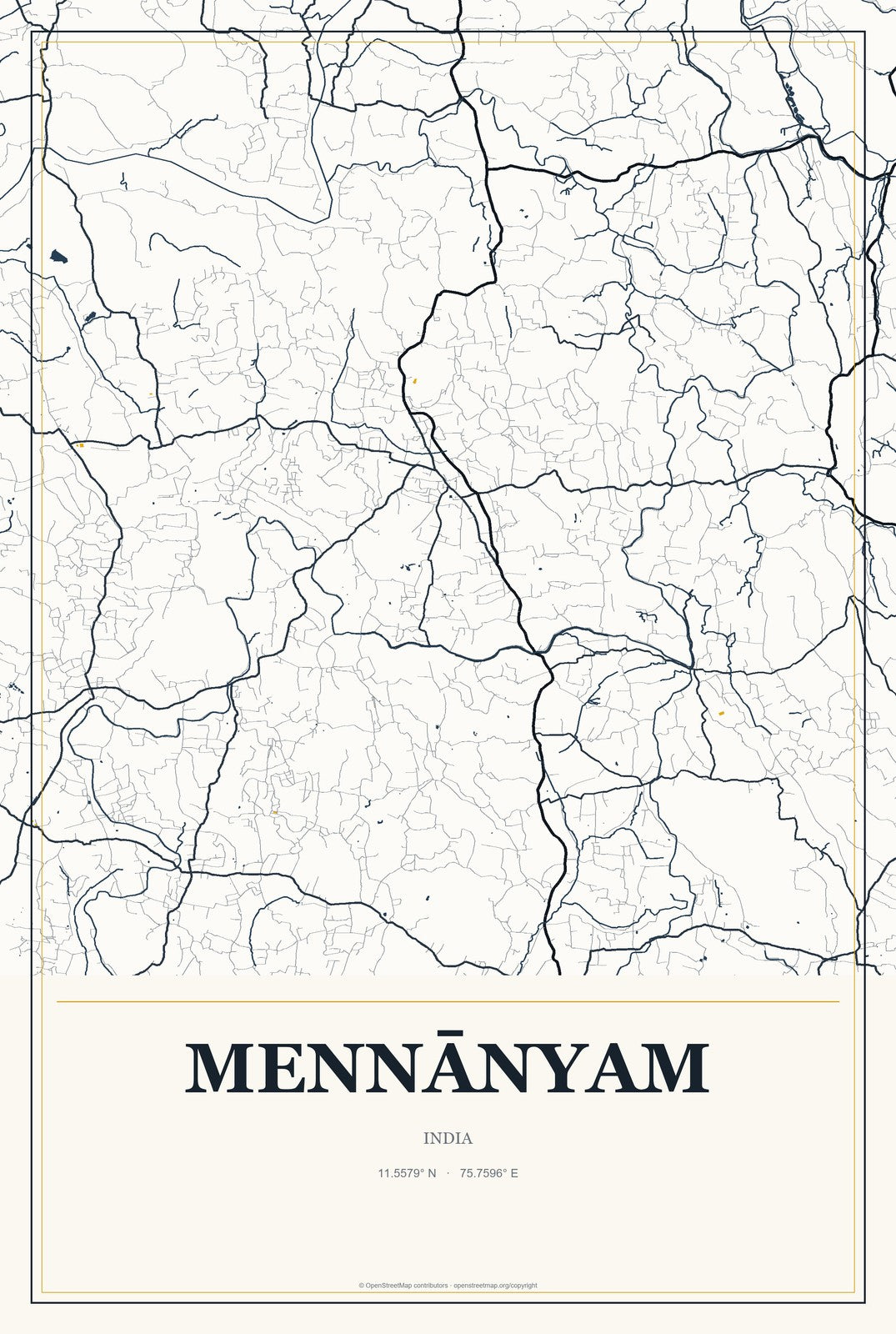 Mennānyam, India City Map Aluminum Sign in Citrine Modern style