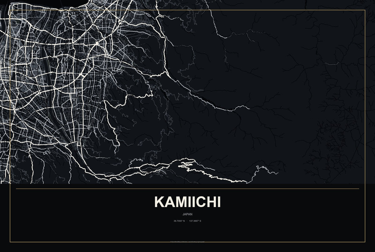 Kamiichi, Japan City Map Aluminum Sign in Metropolitan Noir style