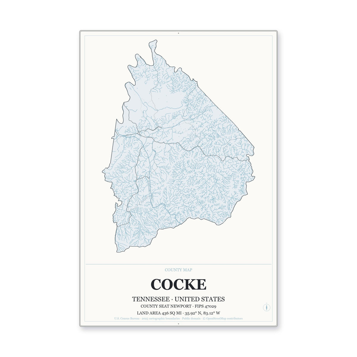 Cocke County, Tennessee Map Aluminum Sign in Gallery Air style
