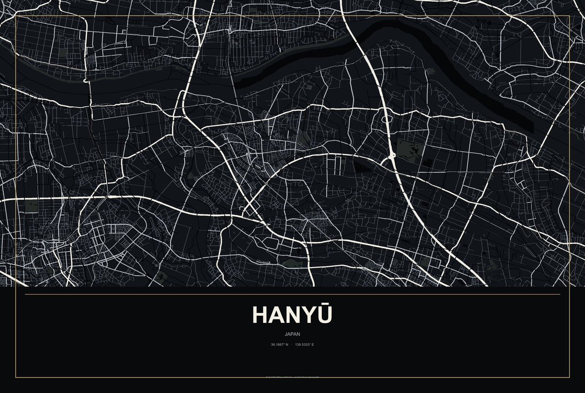 Hanyū, Japan City Map Aluminum Sign in Metropolitan Noir style