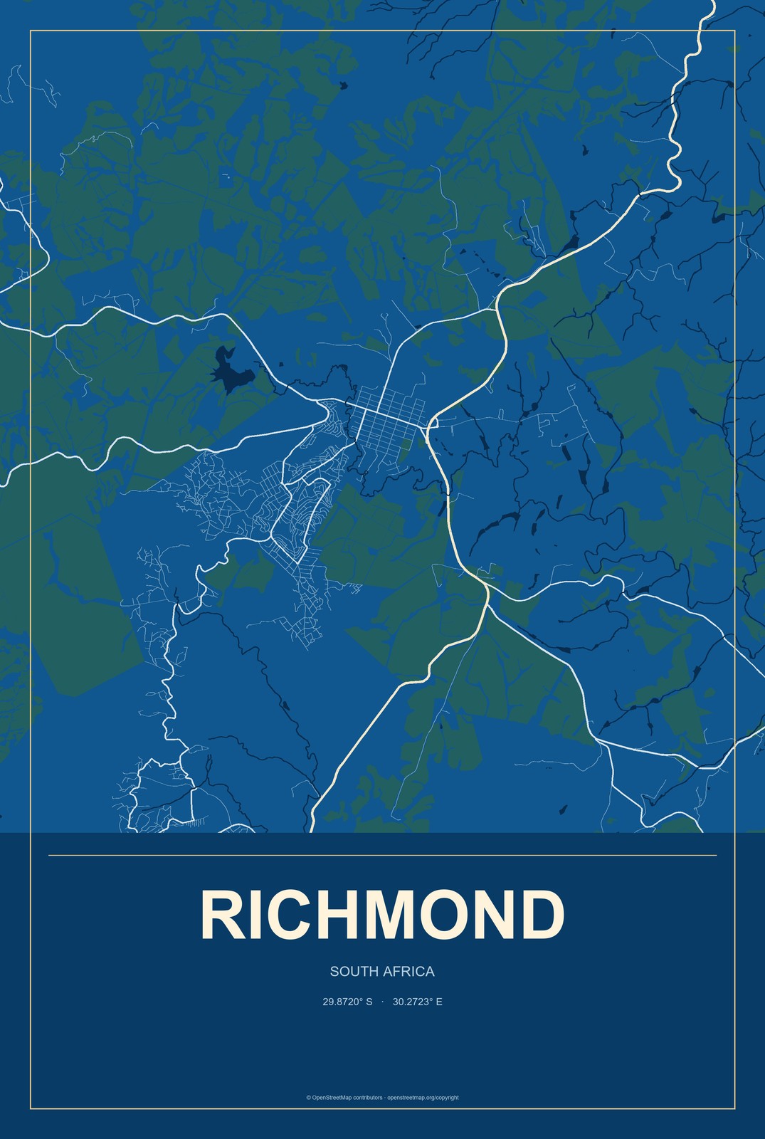 Richmond, South Africa City Map Aluminum Sign in Harbor Cobalt style