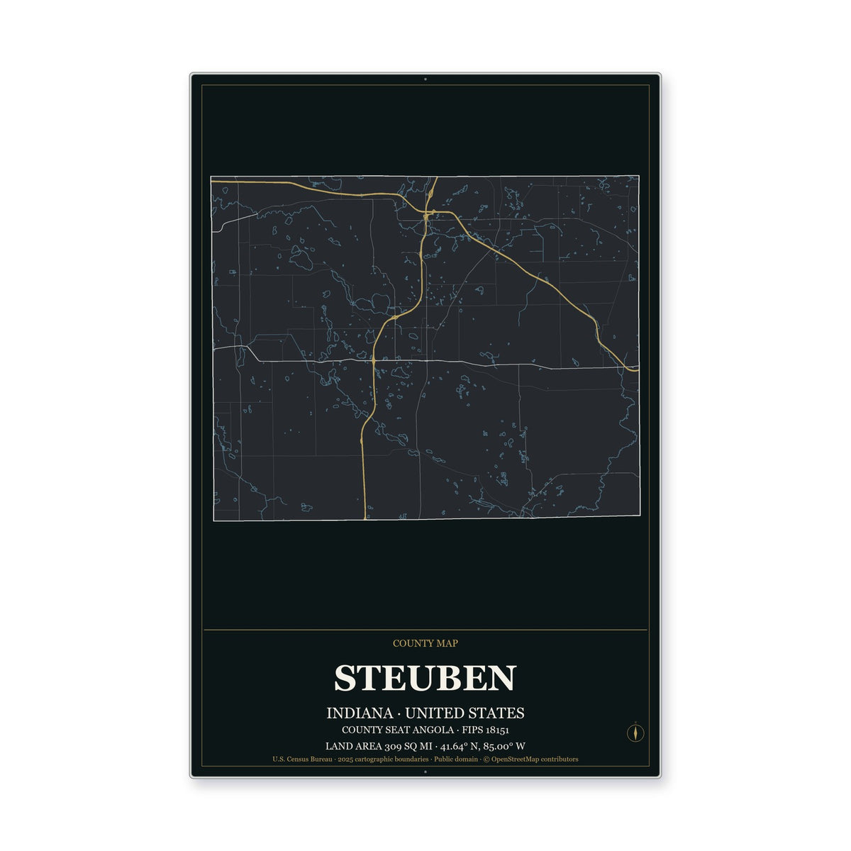 Steuben County, Indiana Map Aluminum Sign in Metropolitan Noir style