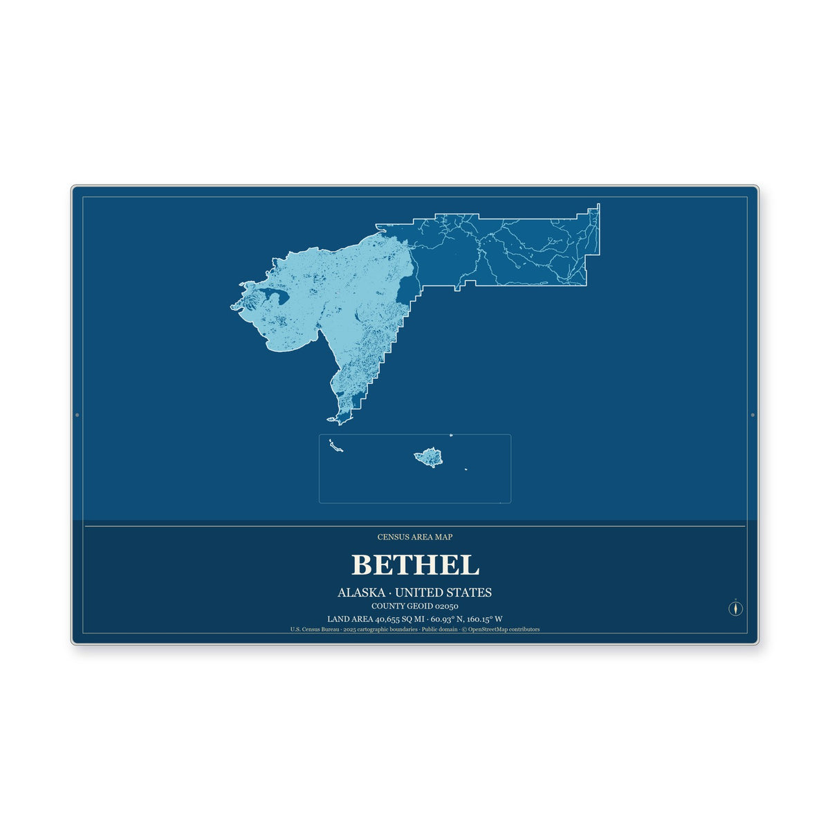 Bethel Census Area, Alaska Map Aluminum Sign in Harbor Cobalt style