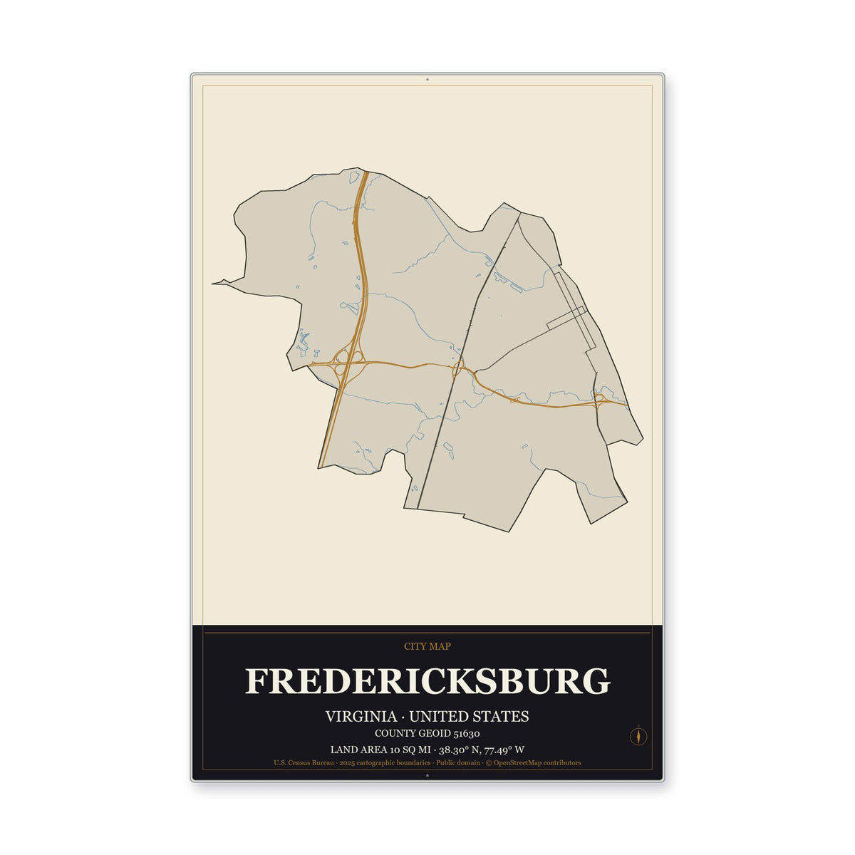 Fredericksburg city, Virginia Map Aluminum Sign in Museum Plaque style
